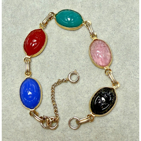 Vintage 7.25" Egyptian Revival Scarab Beetle Bracelet Semi Precious Gold Tone - Picture 1 of 5